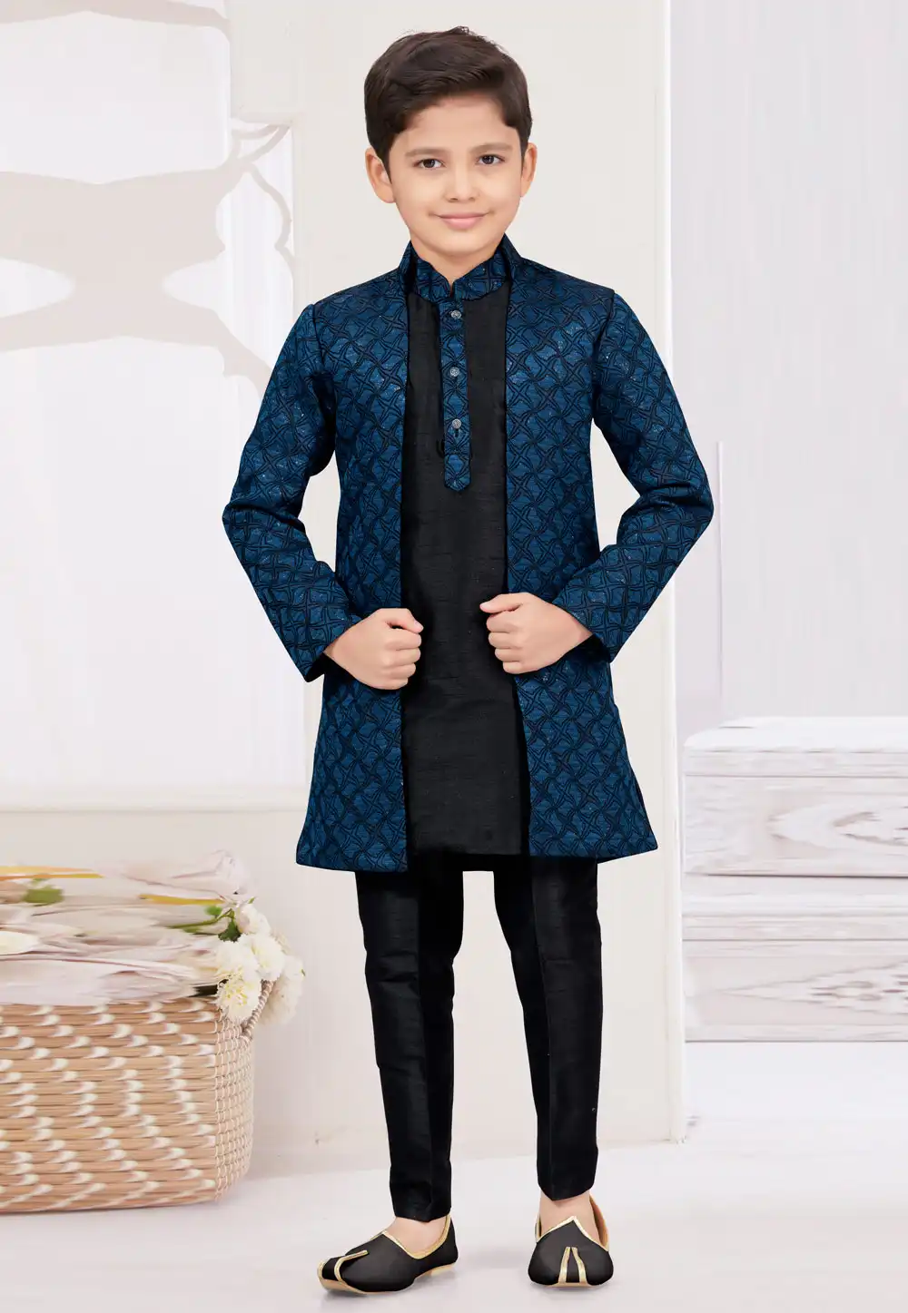 Black Jacquard Kids Indo Western Suit 294936