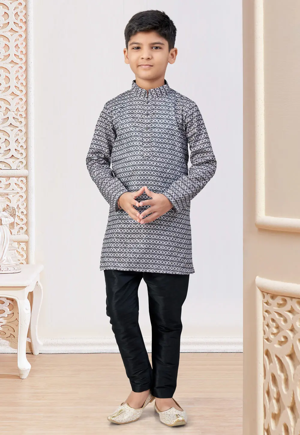 Black Jacquard Kids Kurta Pajama 301354