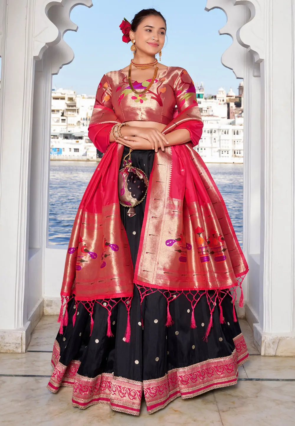 Black Jacquard Silk Circular Lehenga Choli 303672