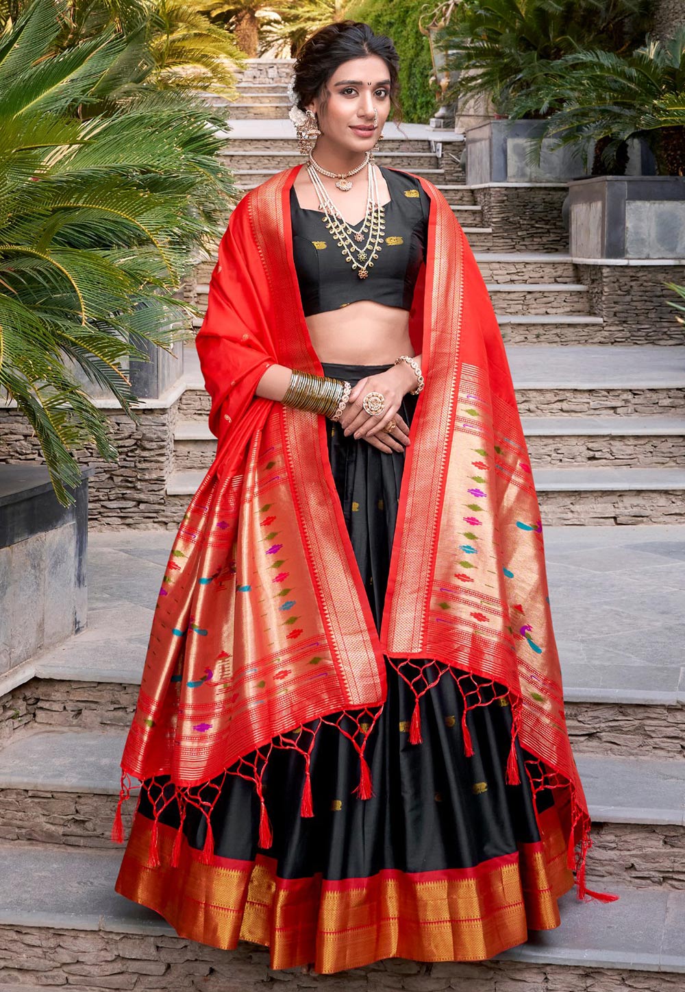 Black Jacquard Silk Circular Lehenga Choli 309716