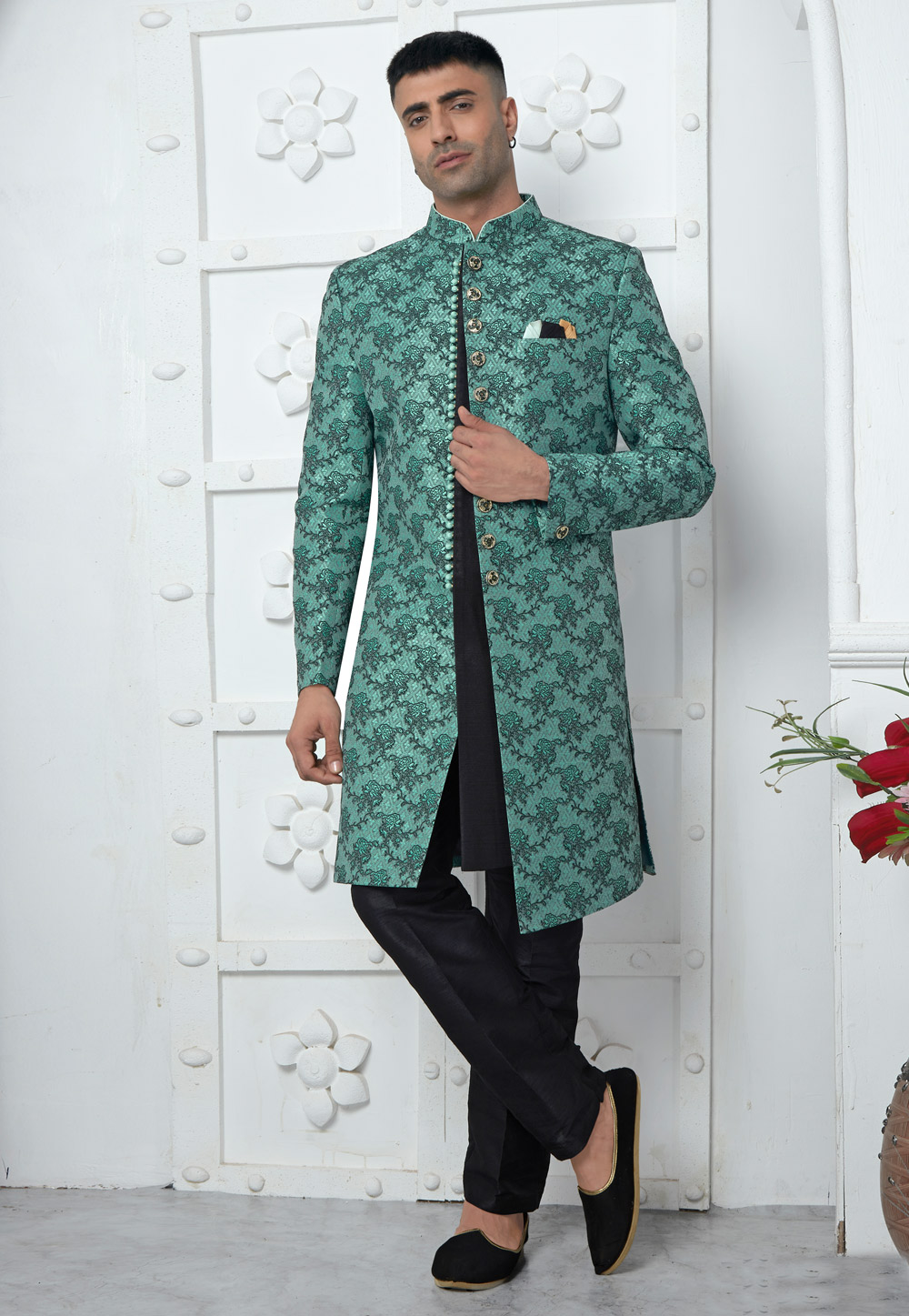 Black Jacquard Silk Jacket Style Sherwani 280150