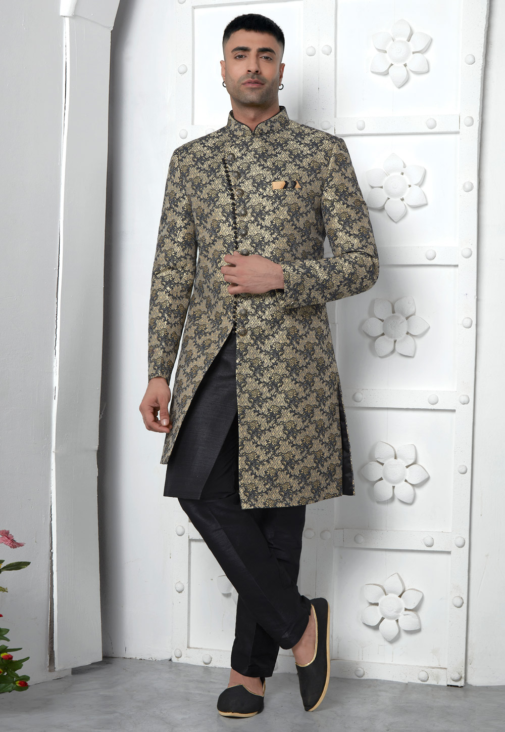 Black Jacquard Silk Jacket Style Sherwani 280151