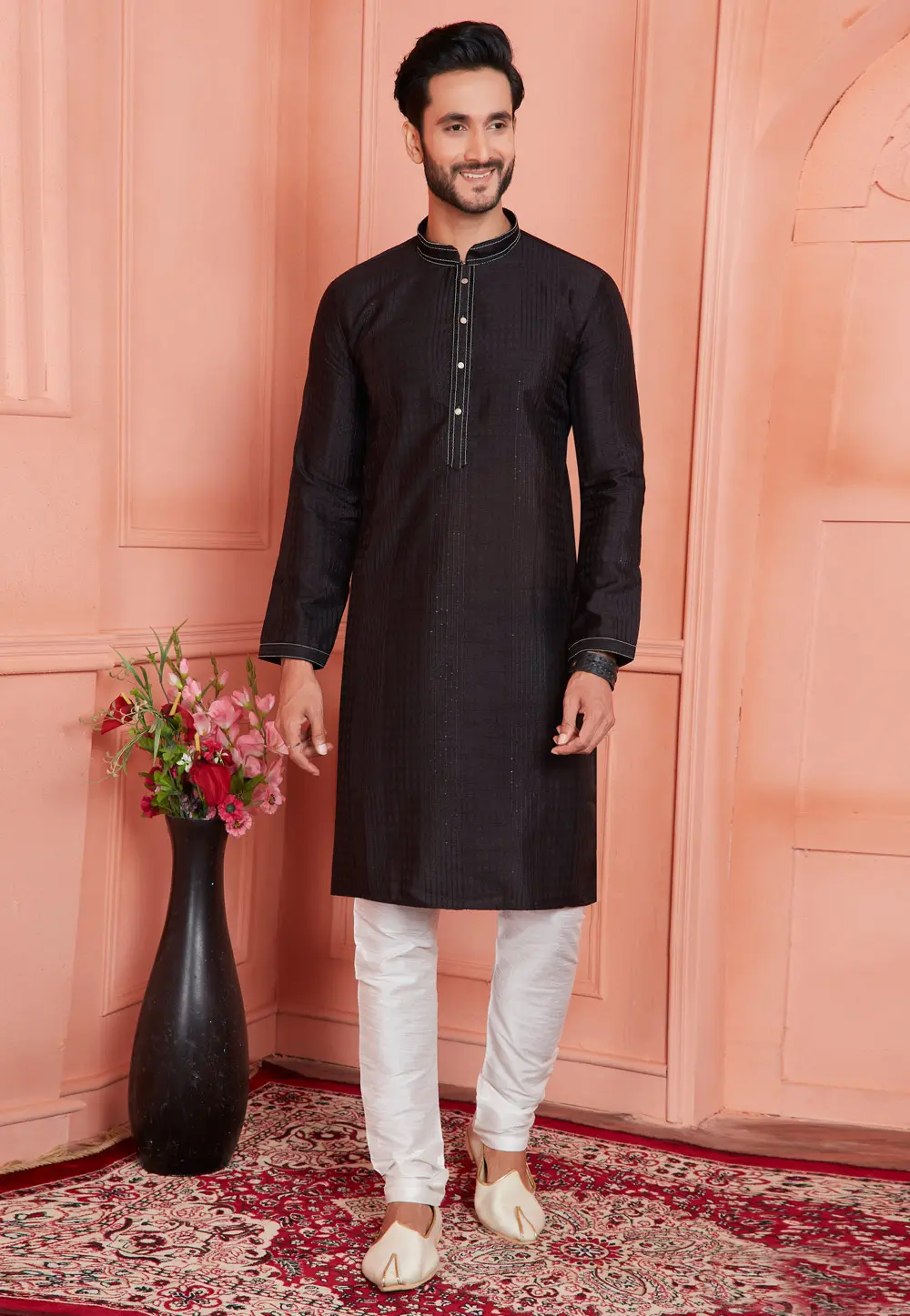 Black Jacquard Silk Kurta Pajama 304290