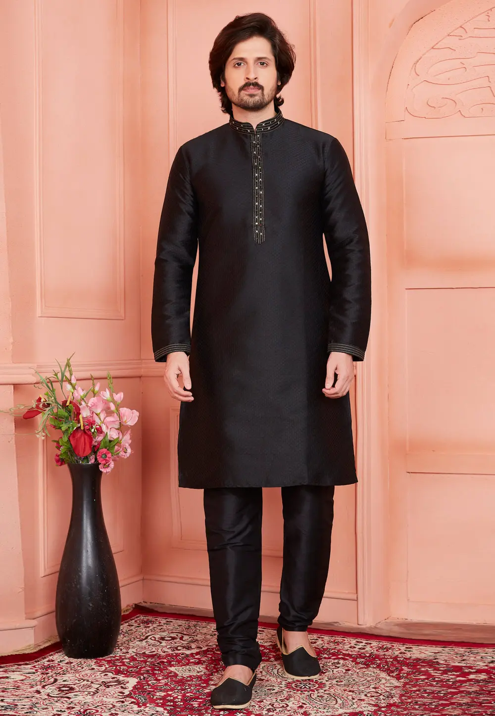 Black Jacquard Silk Kurta Pajama 304300