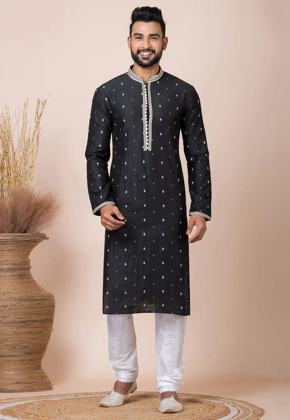 Black Jacquard Silk Kurta Pajama 293943