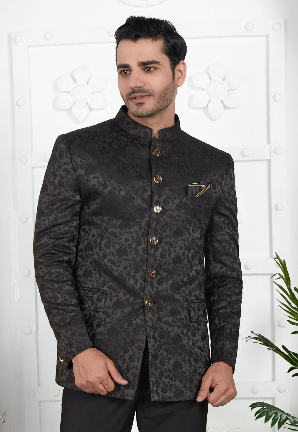 Black Jacquard Silk Nehru Jacket 280386