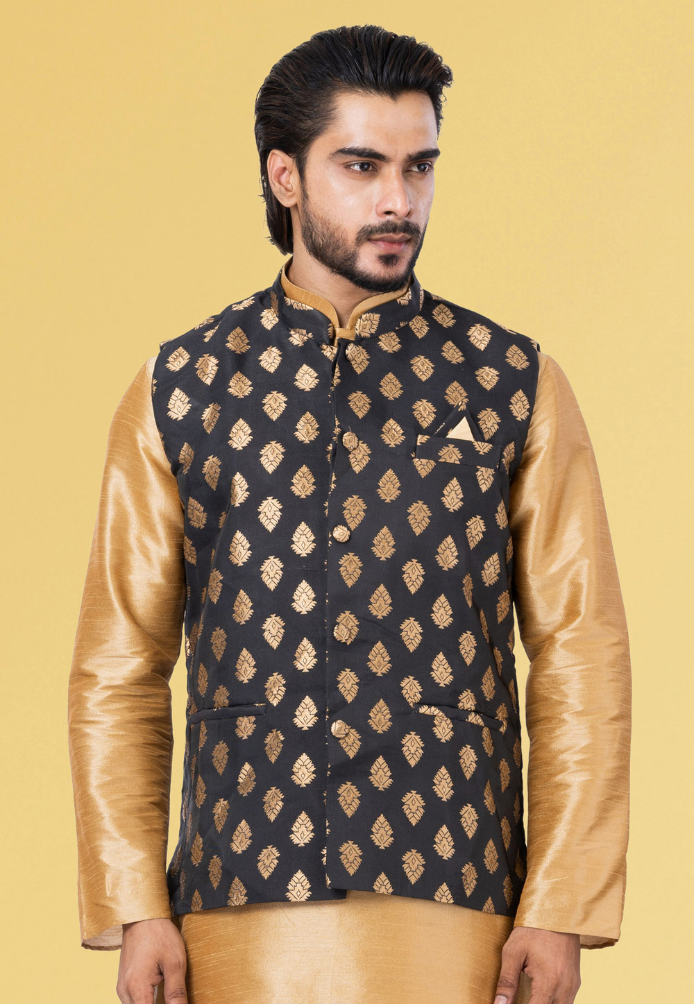 Black Jacquard Silk Nehru Jacket 286928