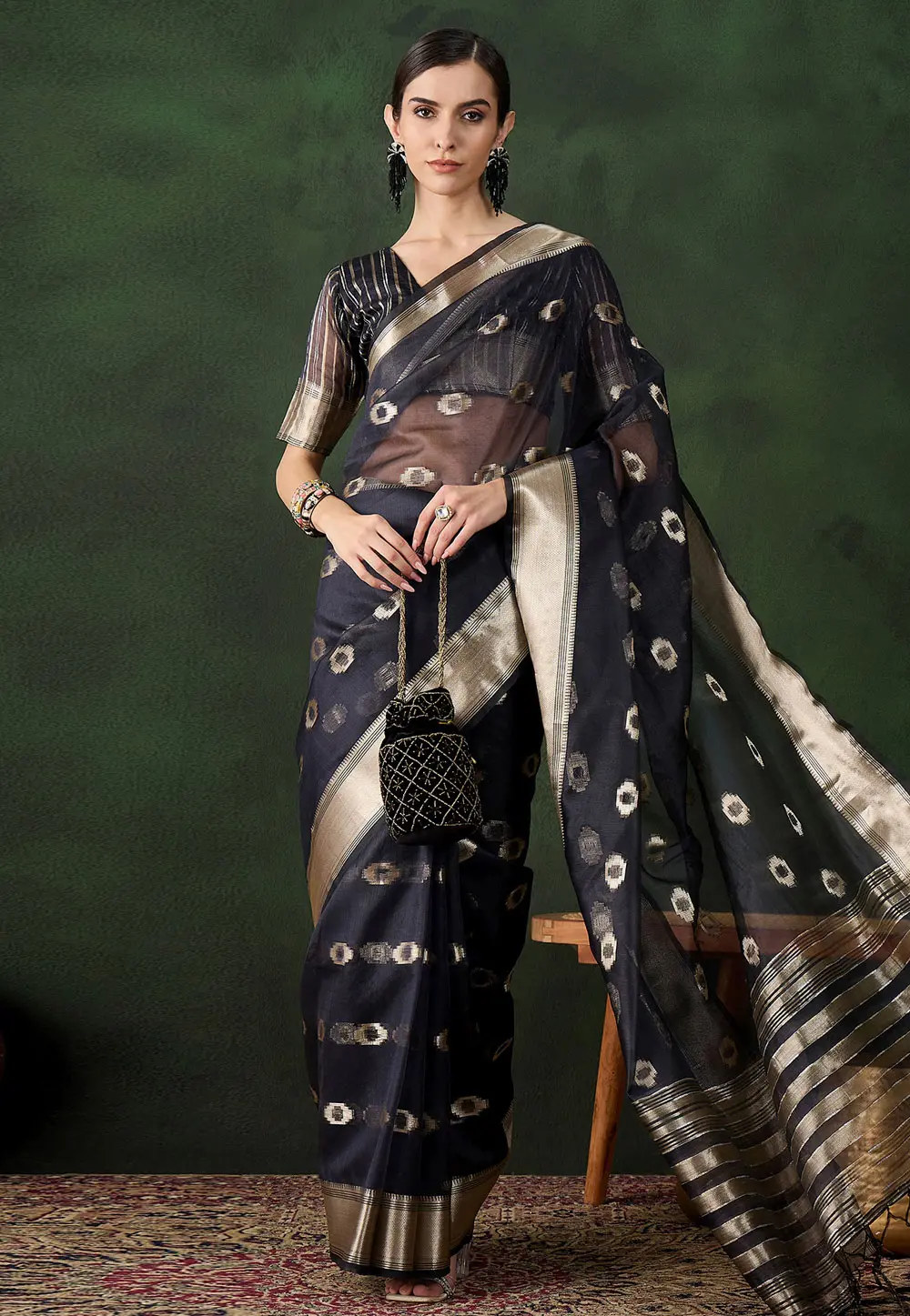 Black Khadi Saree With Blouse 299227