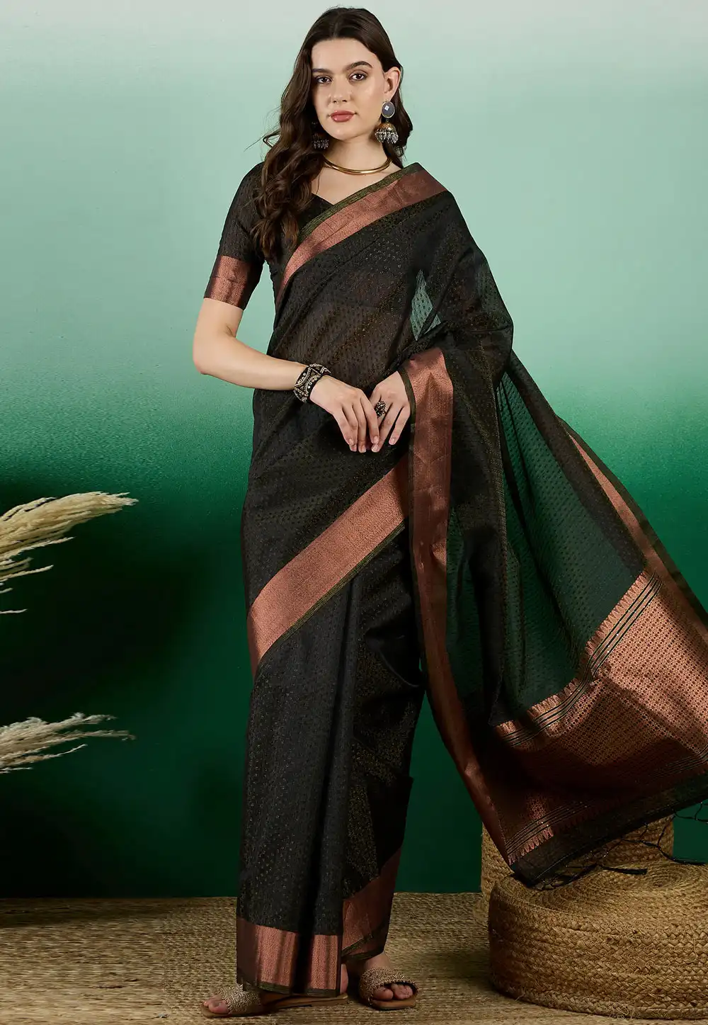 Black Khadi Saree With Blouse 290224