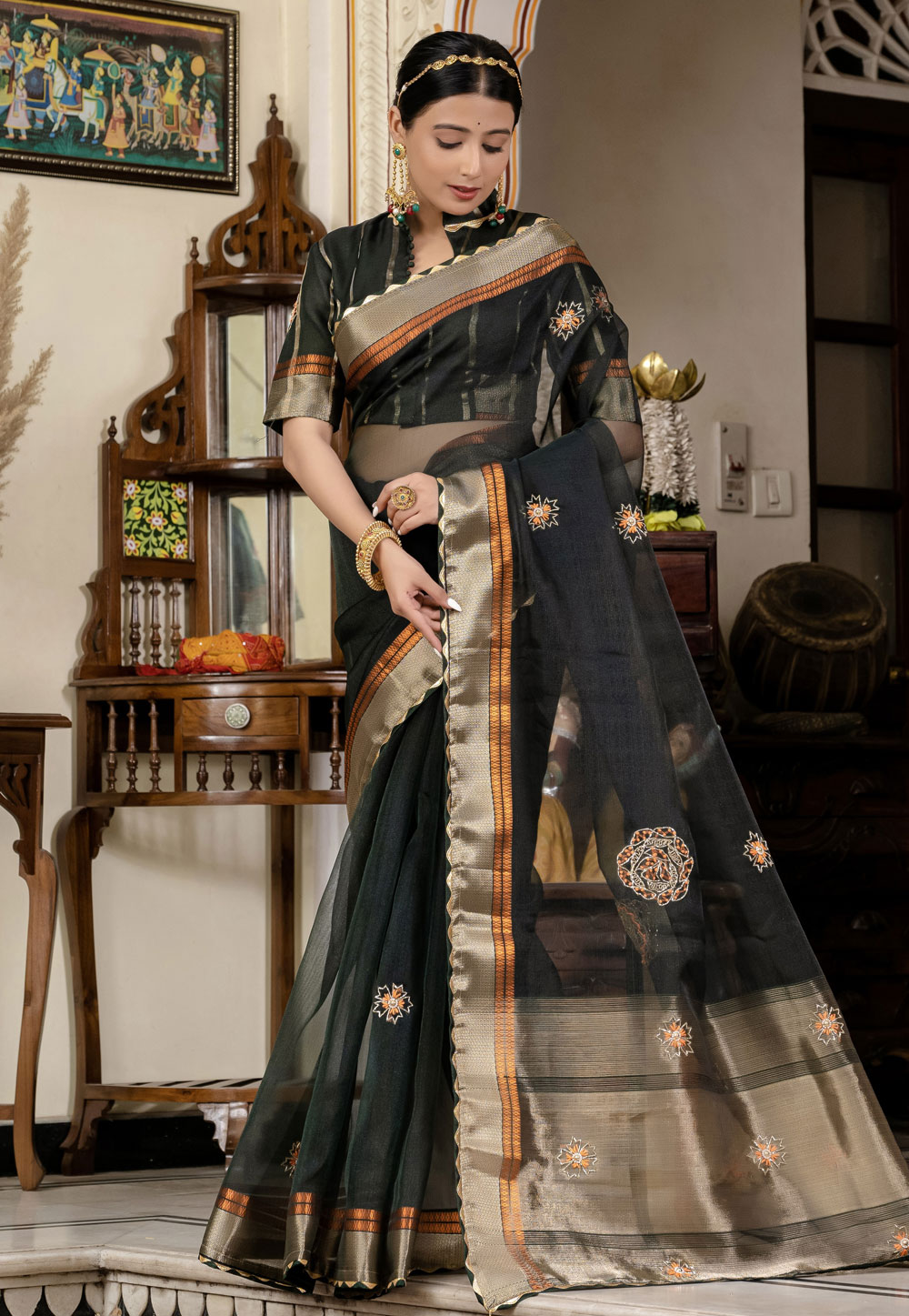 Black Linen Saree With Blouse 310016