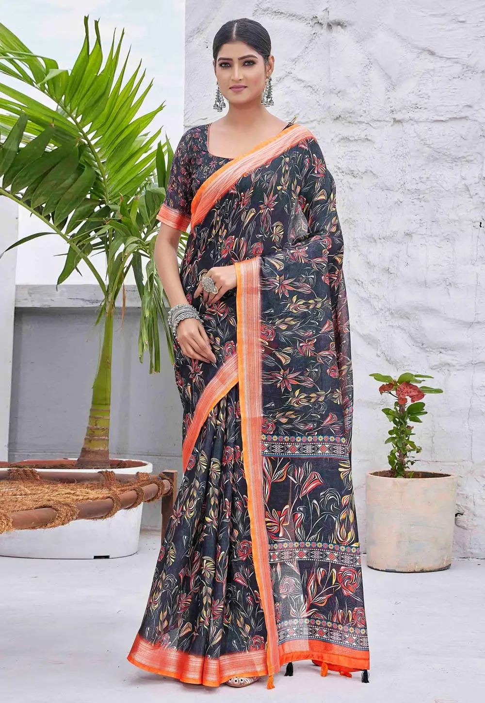 Black Linen Saree With Blouse 296056