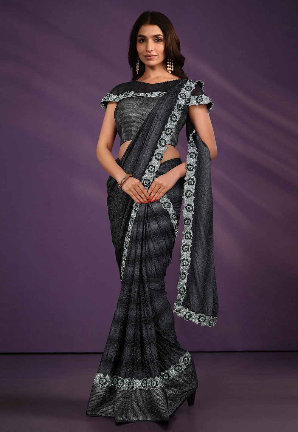 Black Lycra Lehenga Saree 310850