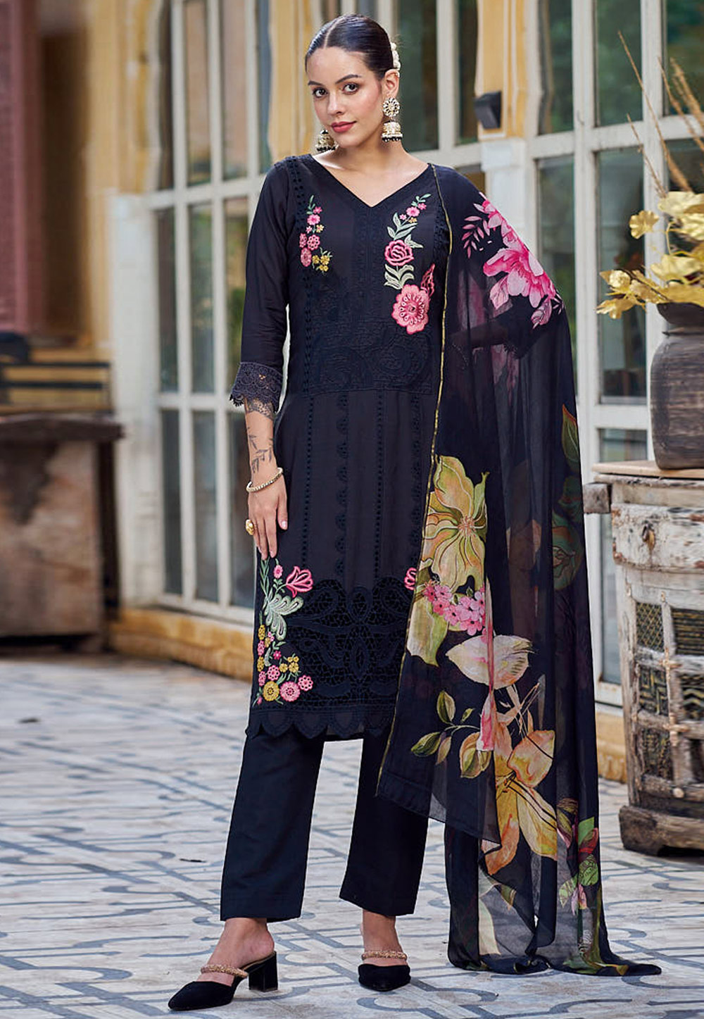 Black Muslin Pakistani Suit 310145