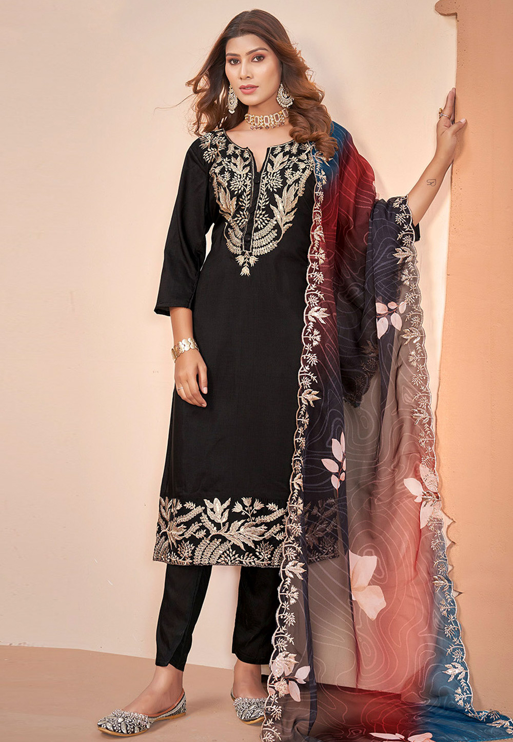 Black Muslin Pant Style Suit 309566