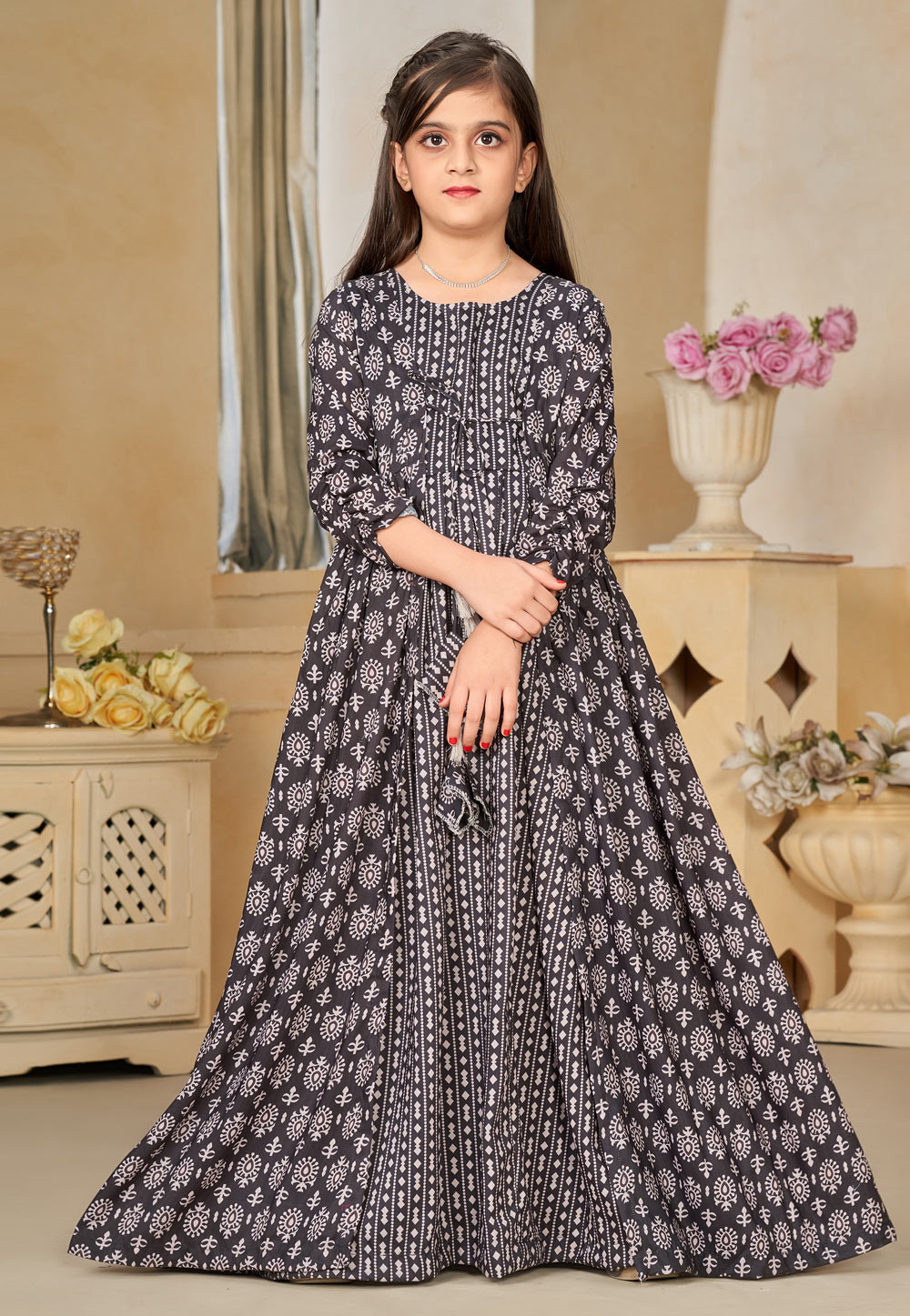 Black Muslin Readymade Kids Gown With Jacket 284580