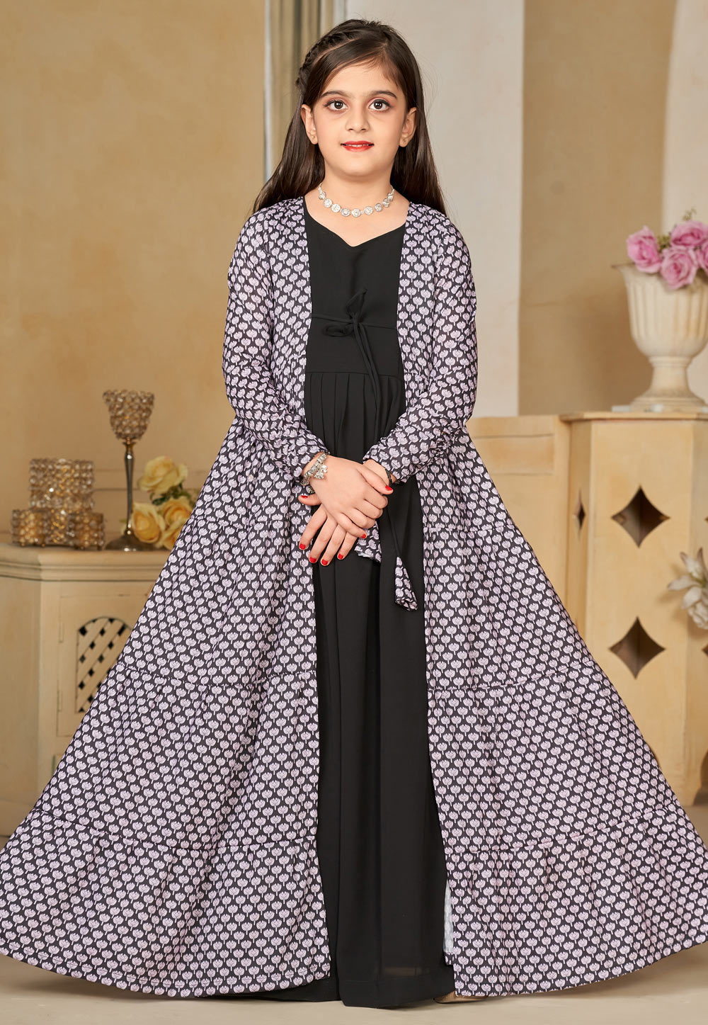 Black Muslin Readymade Kids Gown With Jacket 284582