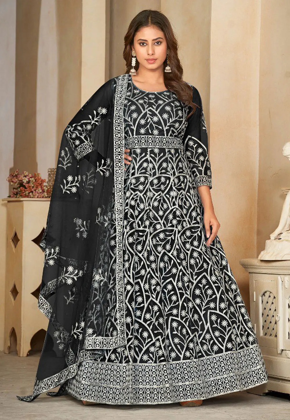 Black Net Embroidered Anarkali Suit 300902