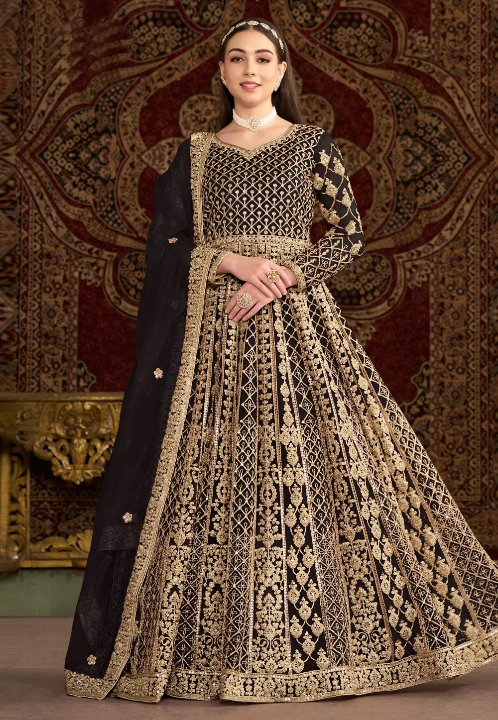 Black Net Embroidered Long Anarkali Suit 299148