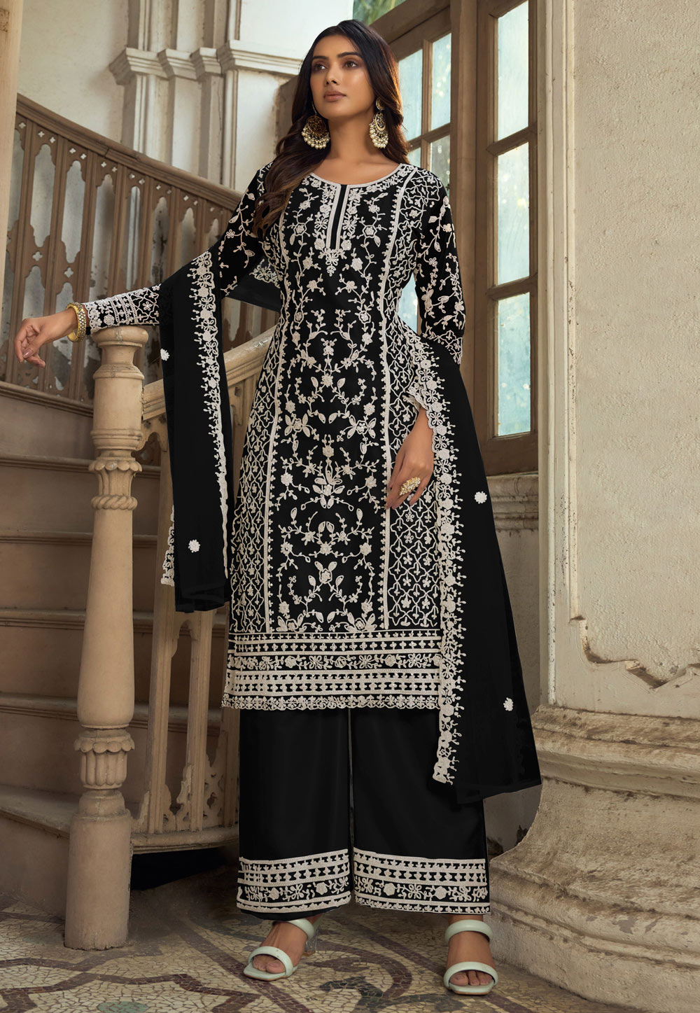 Black Net Embroidered Pakistani Palazzo Suit 278515
