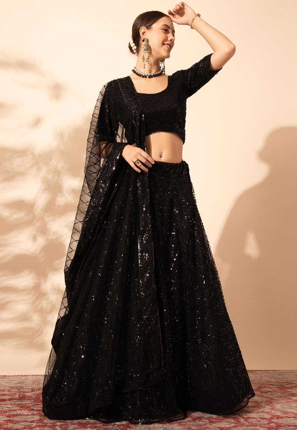 Black Net Readymade A Line Lehenga Choli 286410