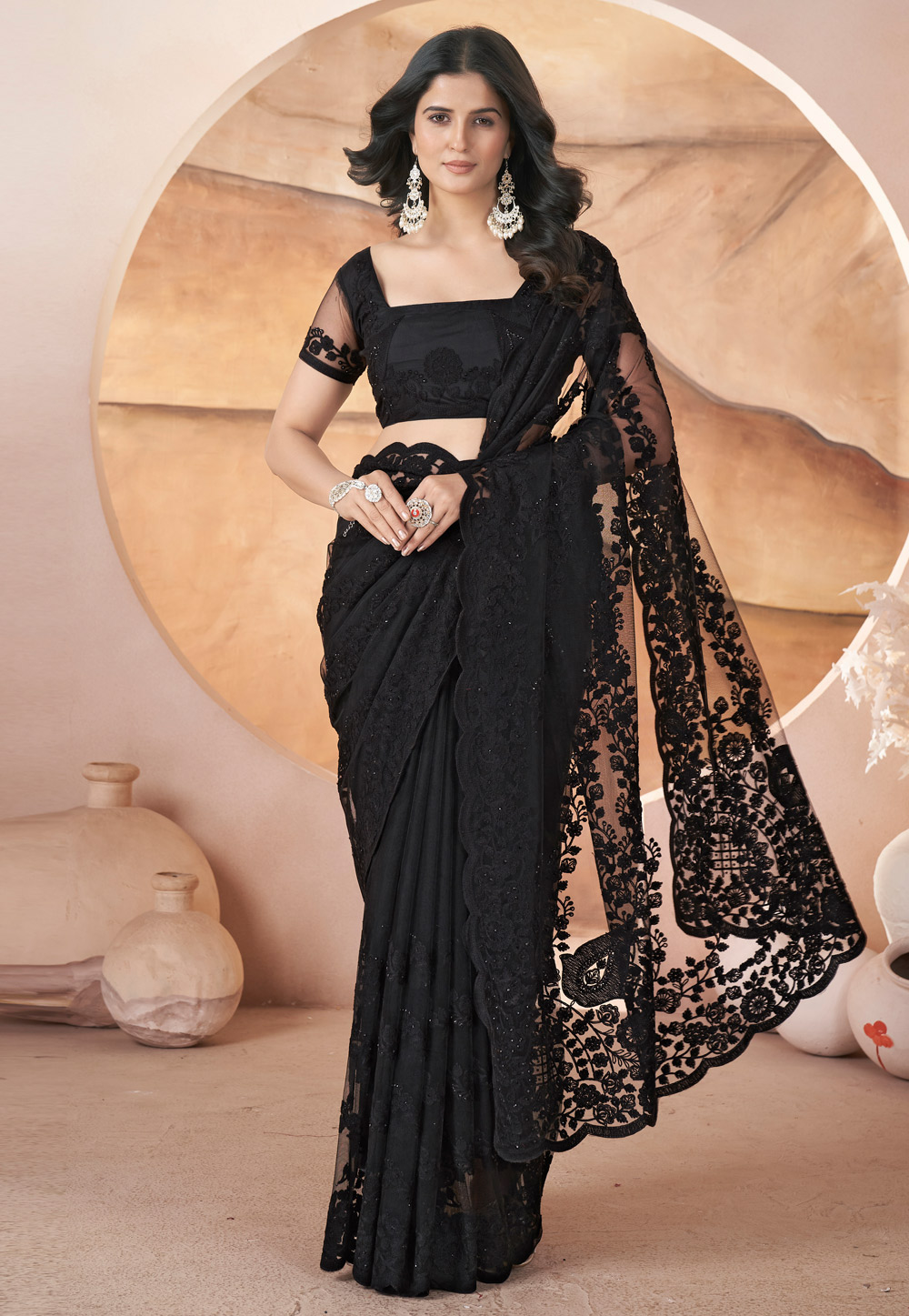 Black Net Saree With Blouse 309392