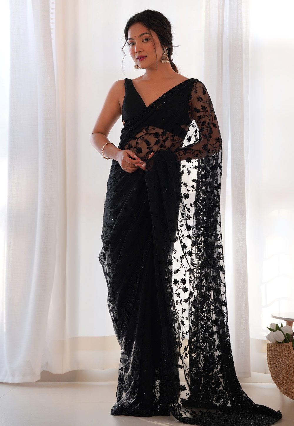 Black Net Saree With Blouse 309397