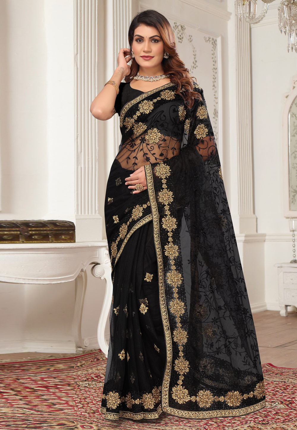 Black Net Saree With Blouse 287659