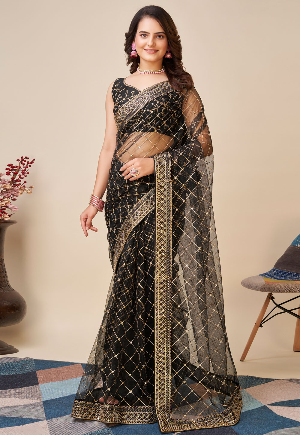 Black Net Saree With Blouse 287535