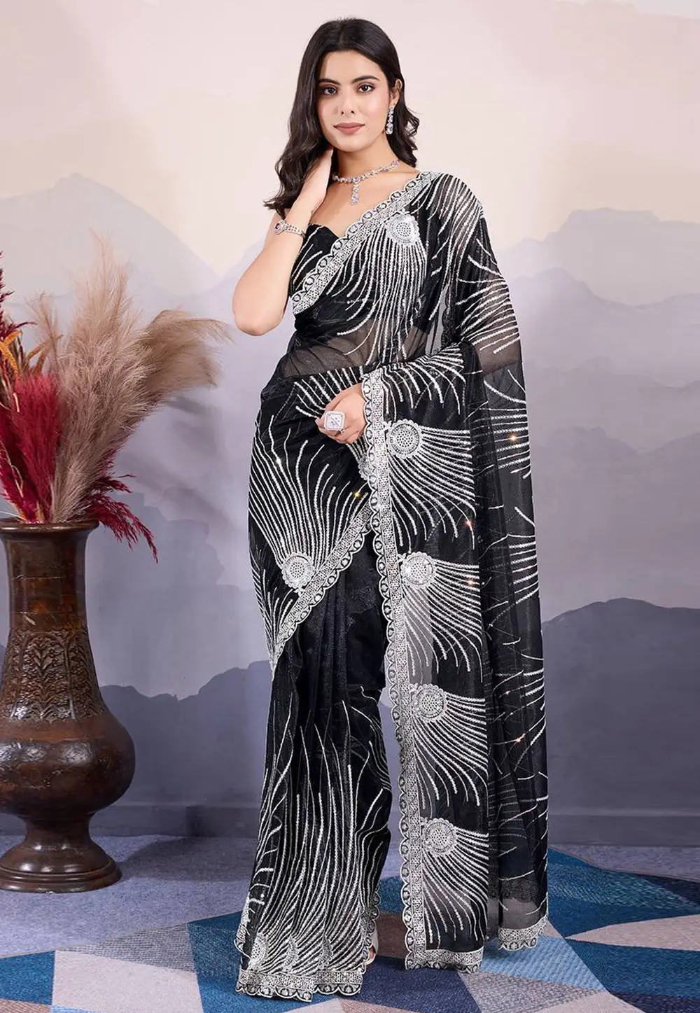 Black Net Saree With Blouse 295559