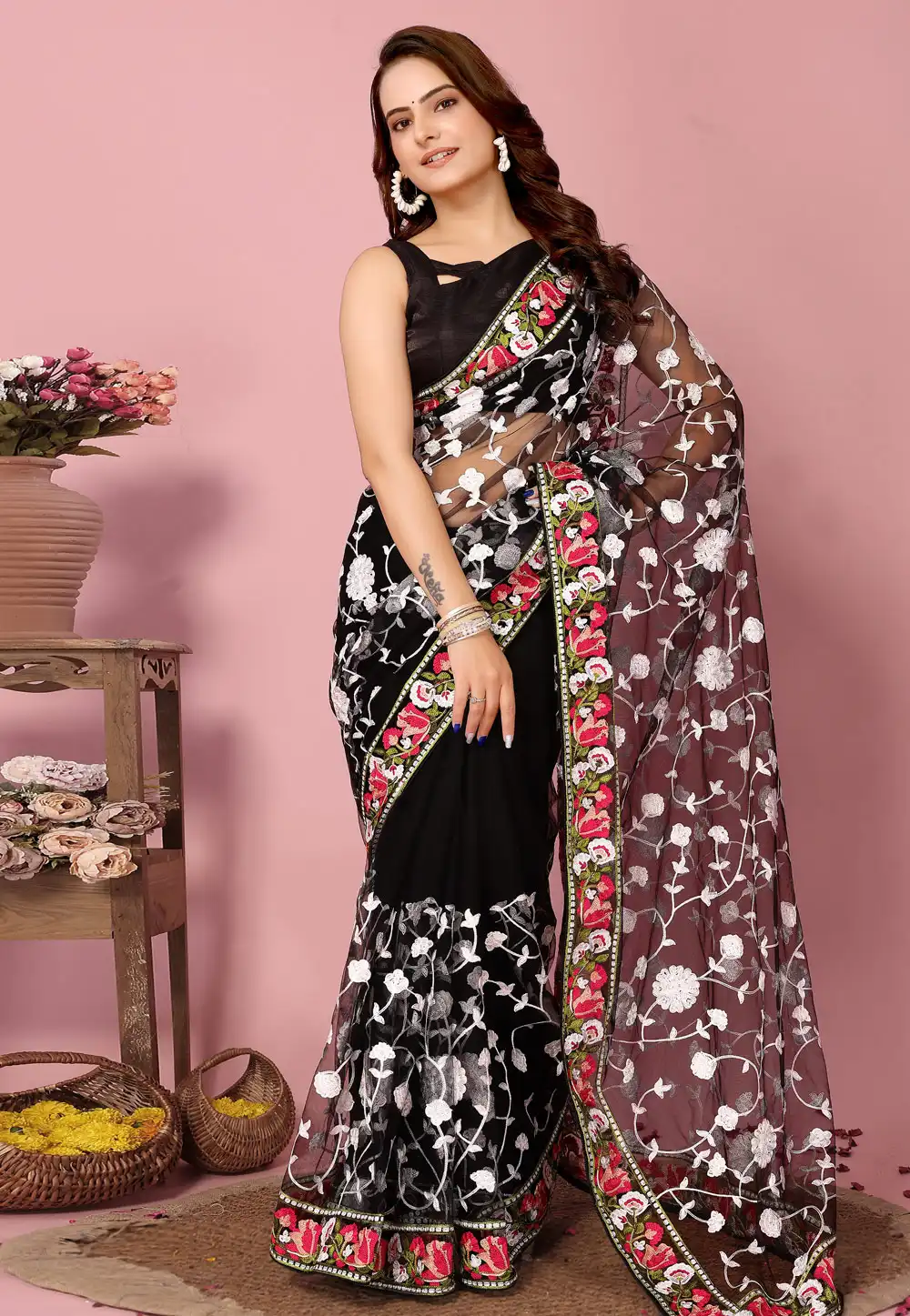 Black Net Saree With Blouse 289076