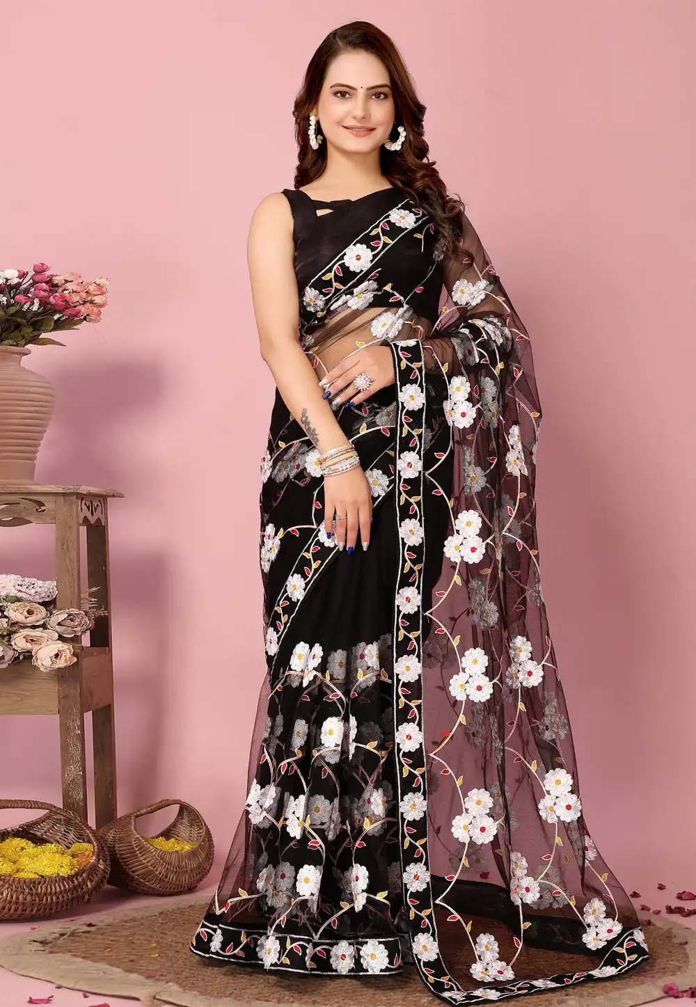 Black Net Saree With Blouse 289964