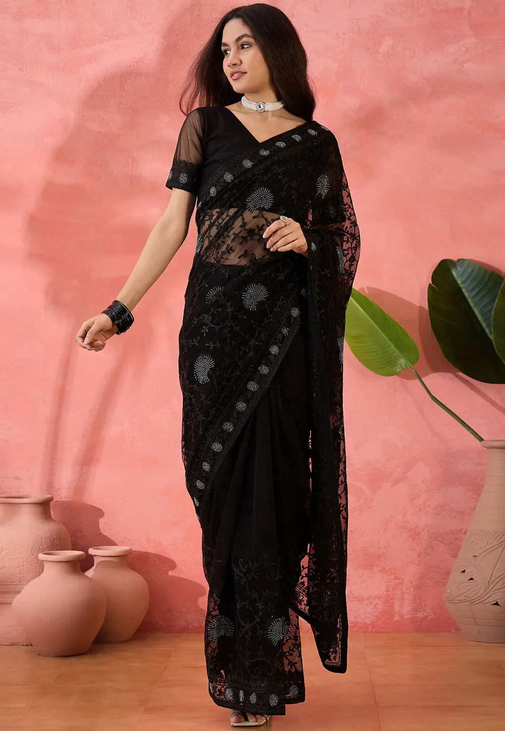 Black Net Saree With Blouse 304663