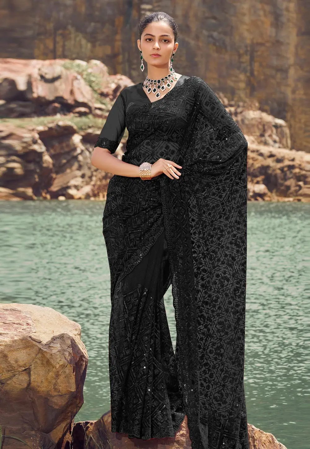 Black Net Saree With Blouse 301935