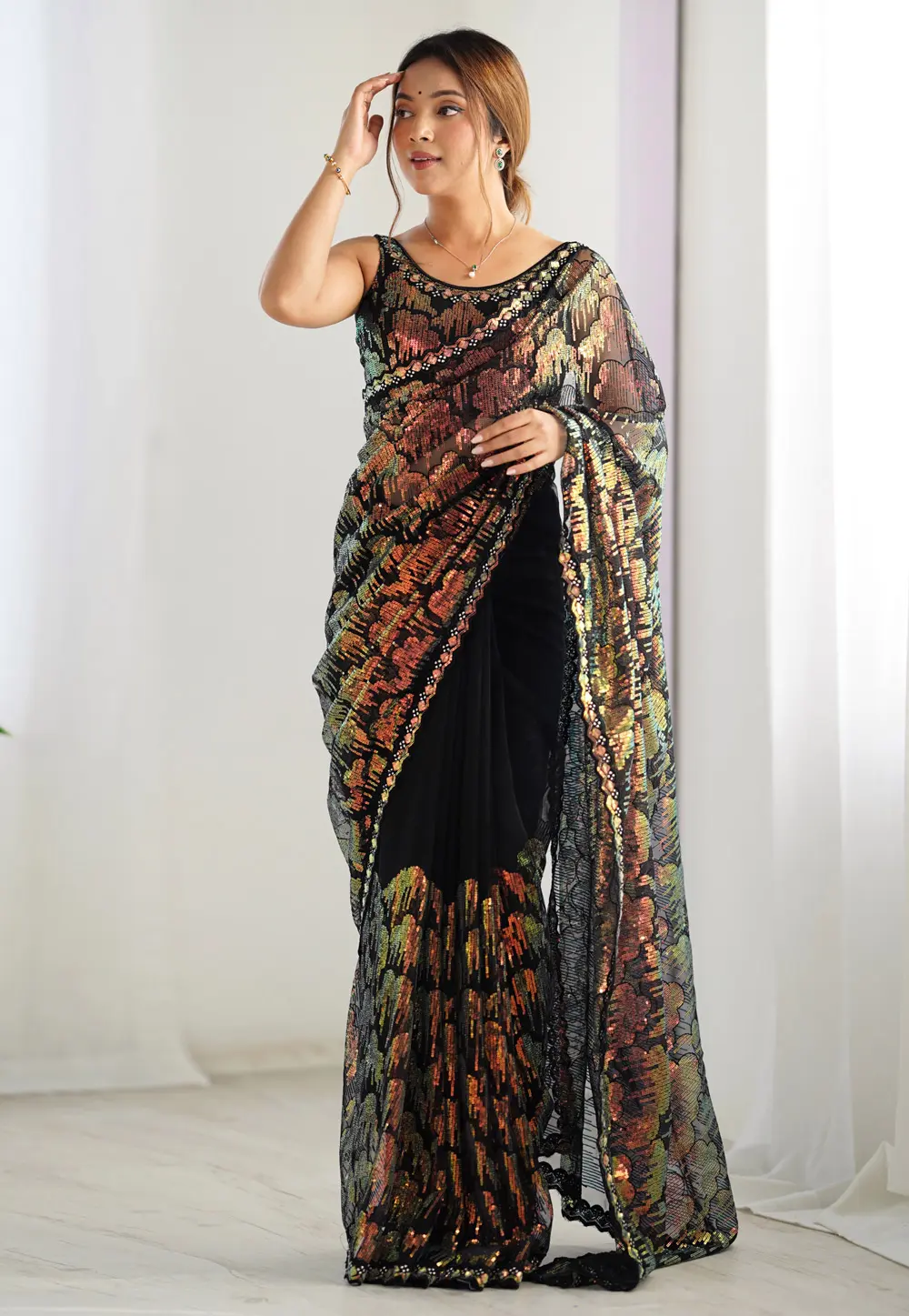 Black Net Sequence Saree 300311