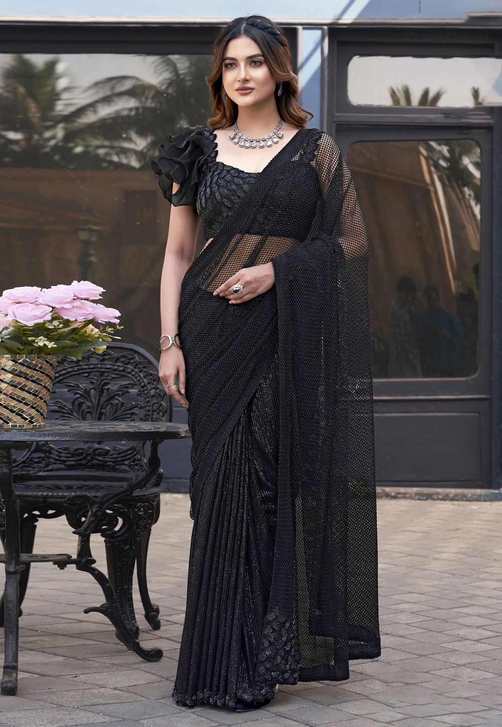 Black Net Sequence Saree 305809