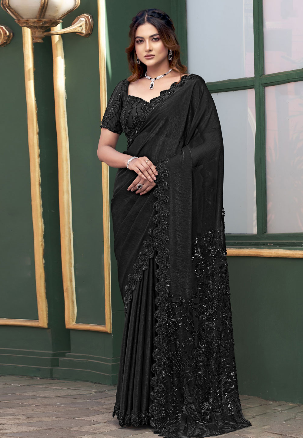 Black Net Sequence Saree 305811