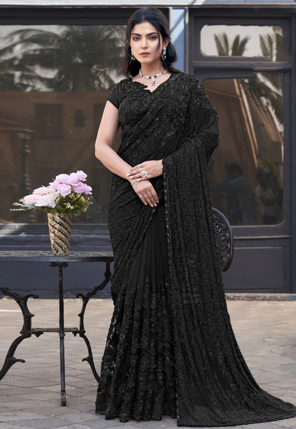 Black Net Sequence Saree 305817