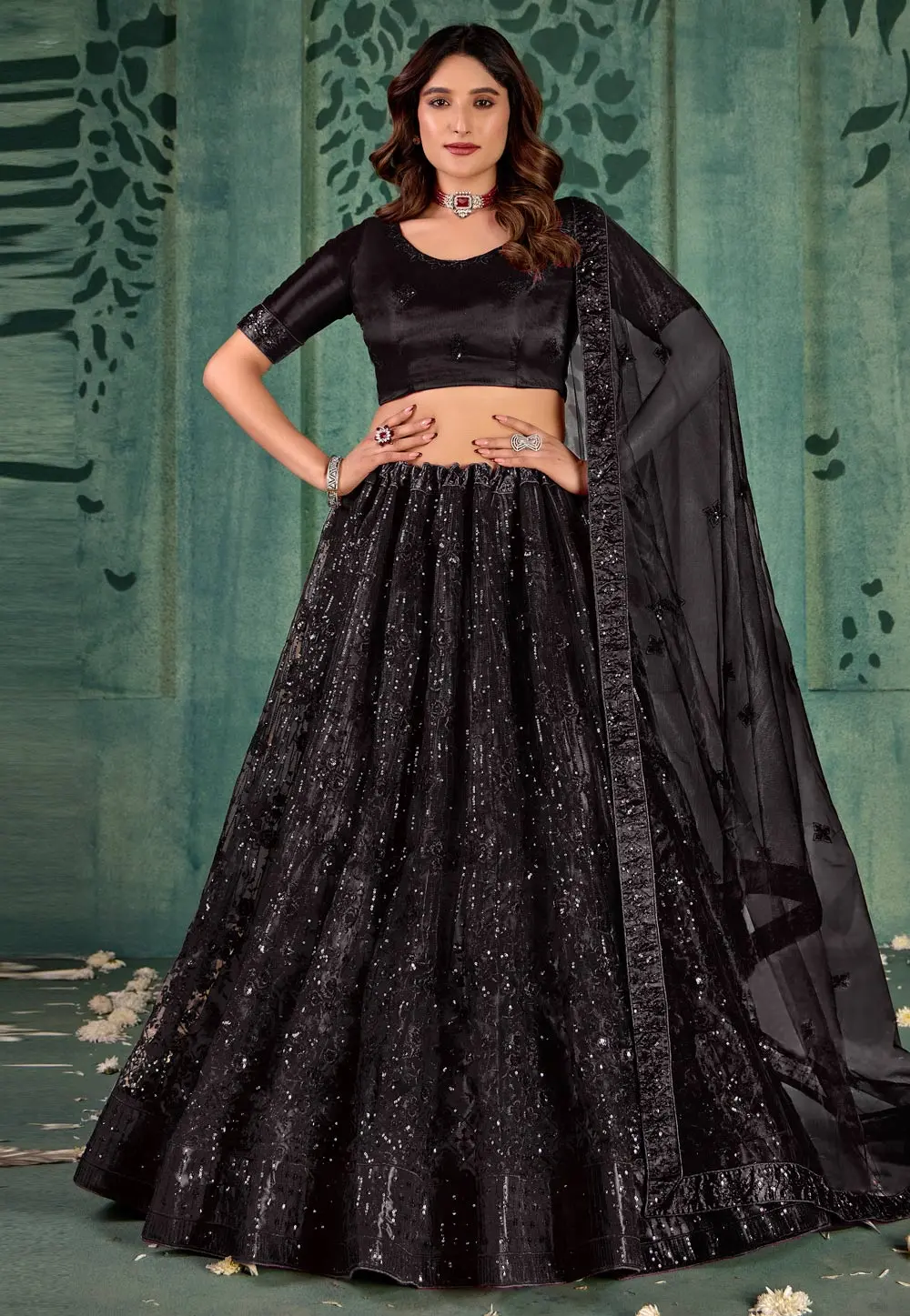 Black Net Wedding Lehenga Choli 302723