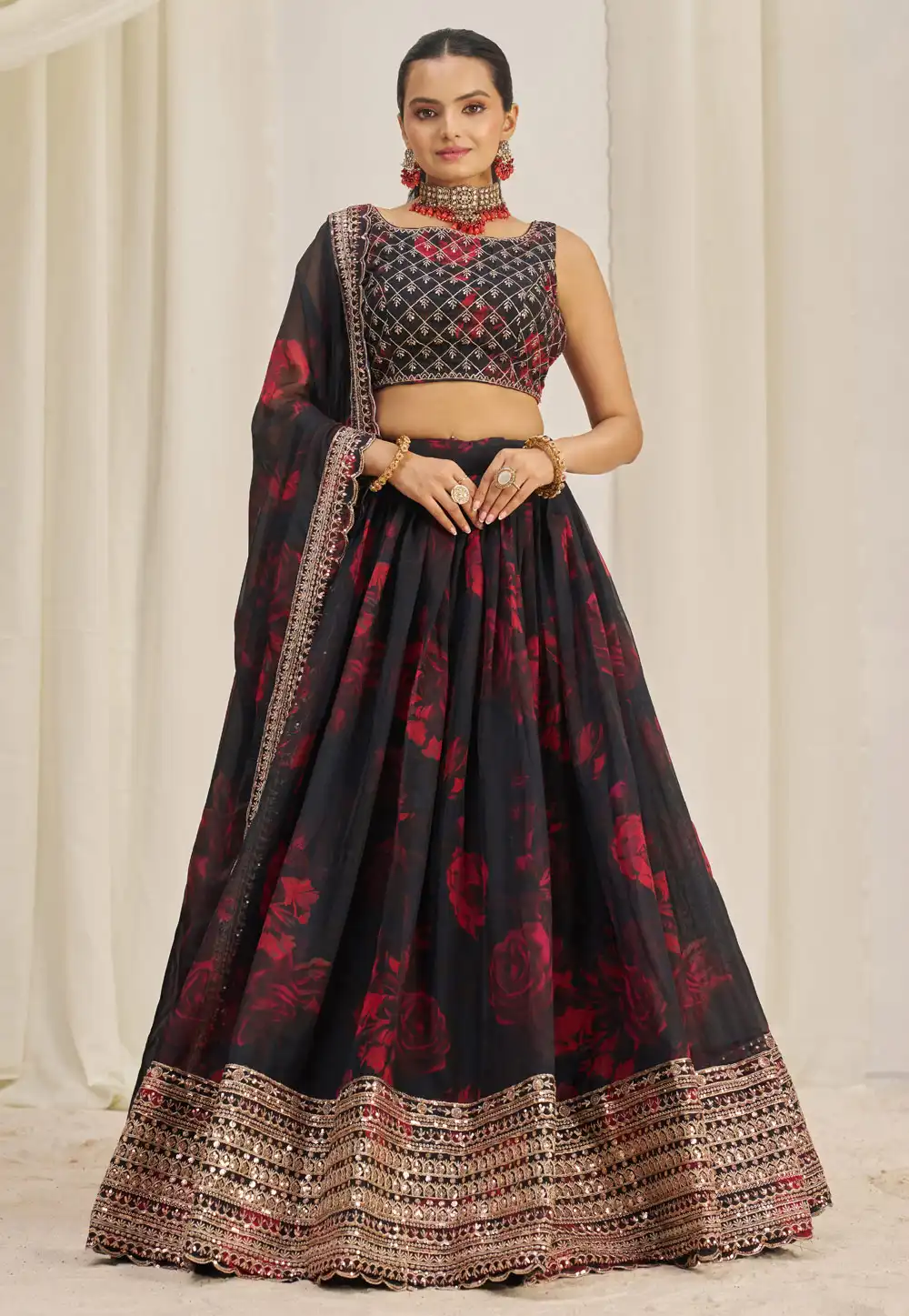 Black Organza Floral Lehenga choli 294438