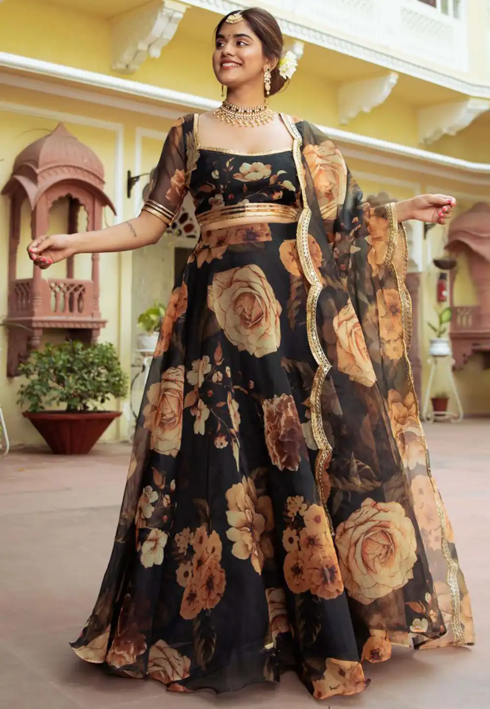 Black color floral printed shops lehenga with banglori silk blouse and organza dupatta for women/ designer lehenga / indian lehenga /chaniya choli