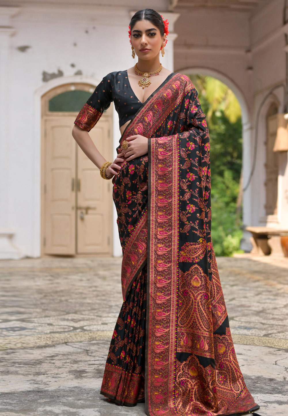 Black Pashmina Saree With Blouse 305664