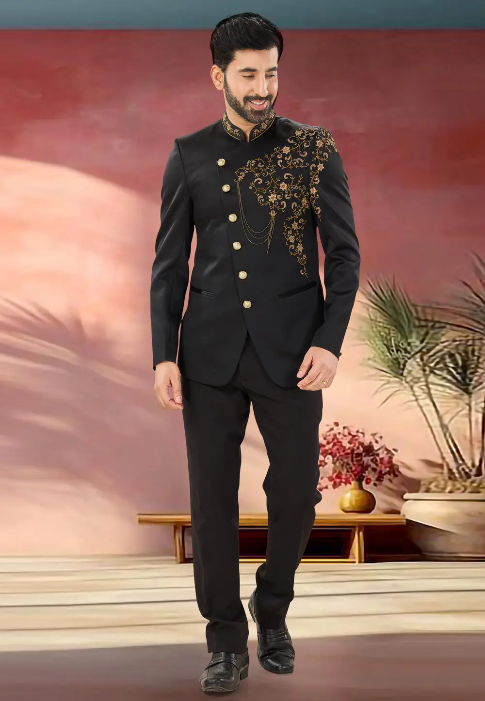 Black Polyester Jodhpuri Suit 302177