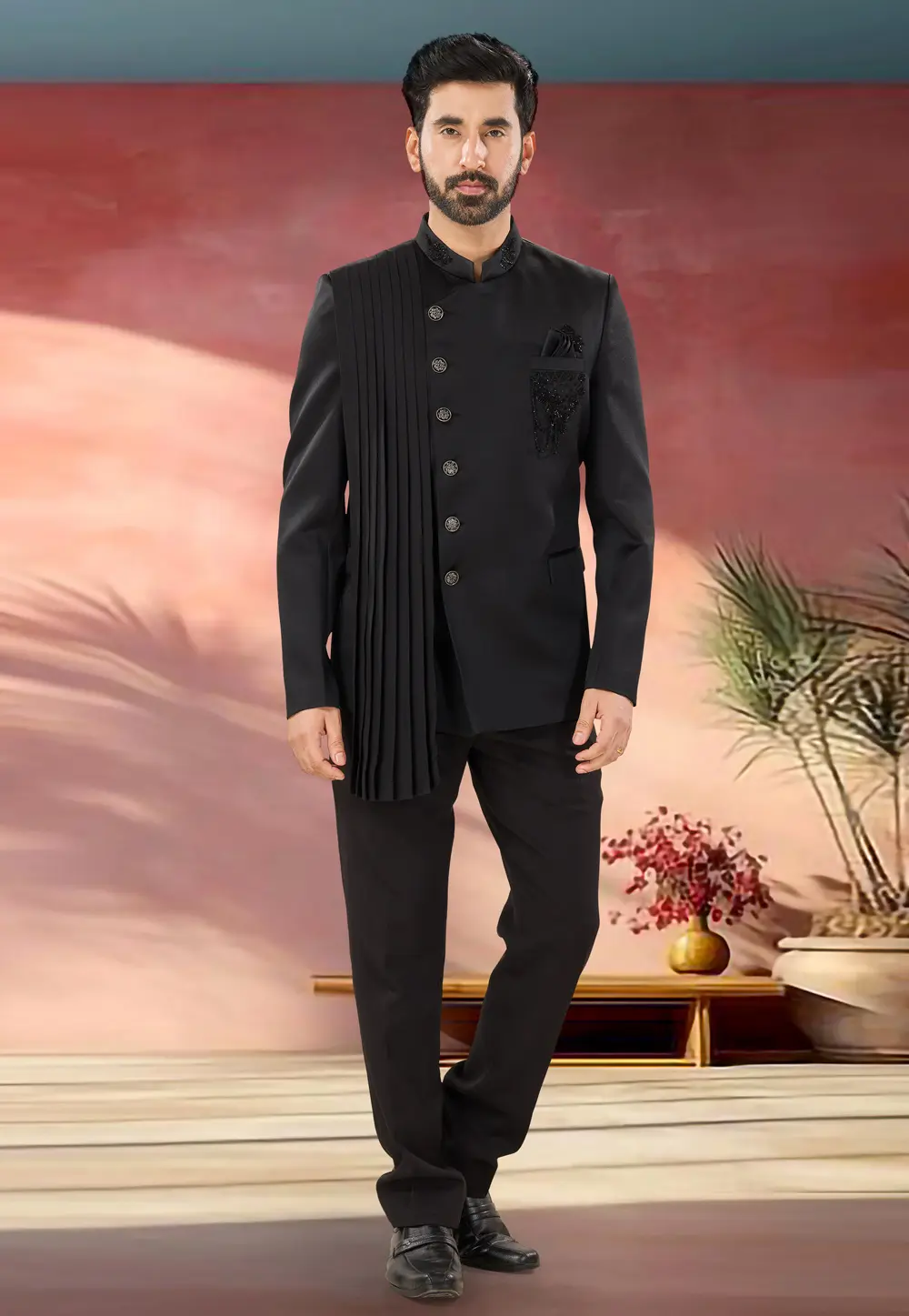 Black Polyester Jodhpuri Suit 302178