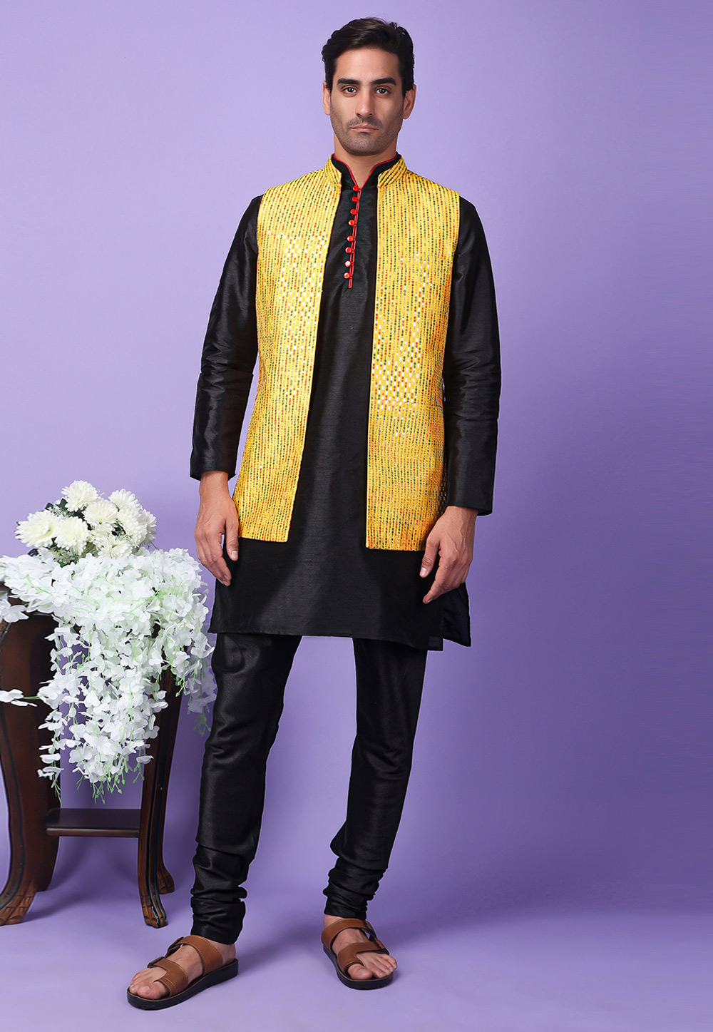 Black Polyester Kurta Pajama With Jacket 286223