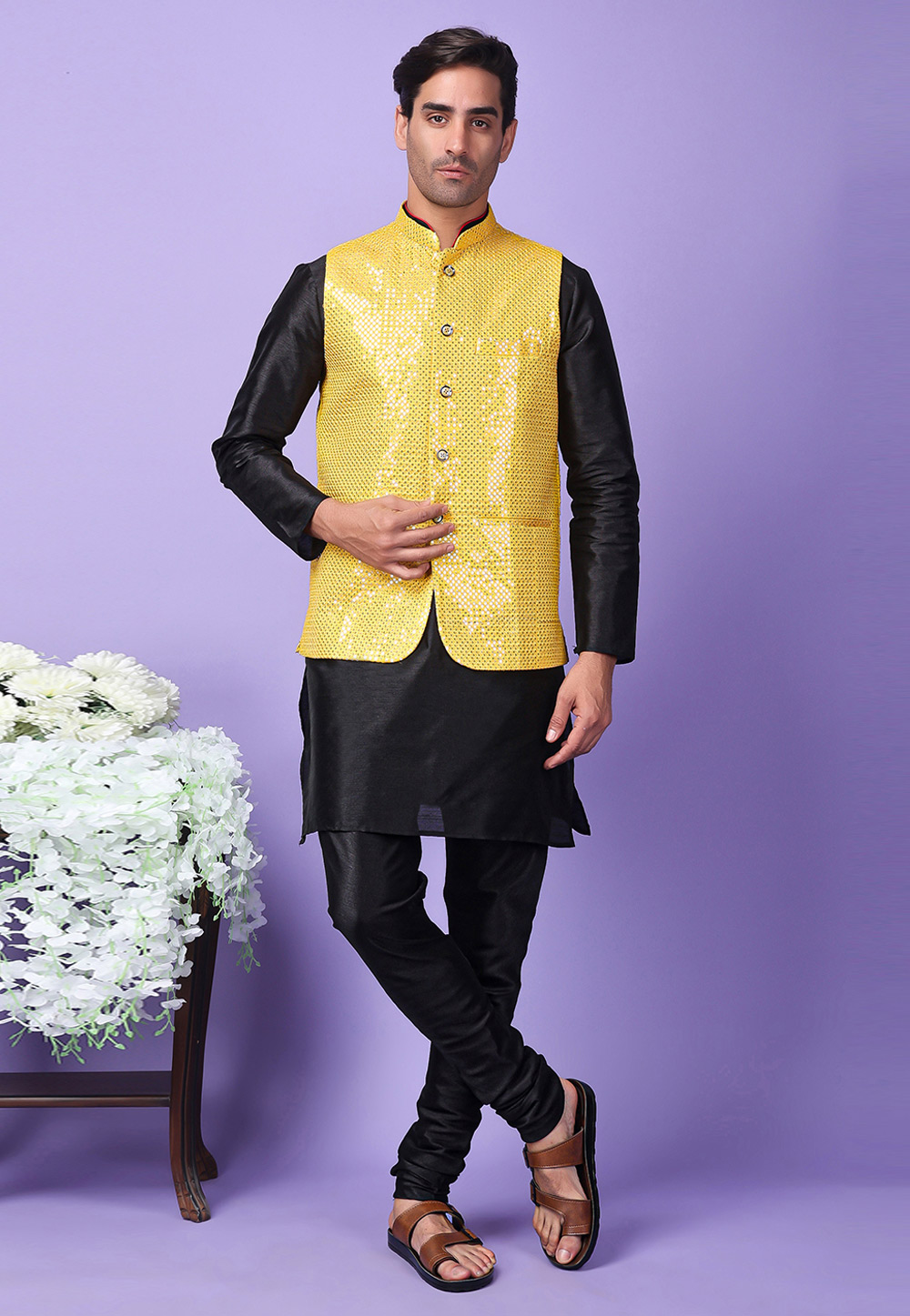 Black Polyester Kurta Pajama With Jacket 286226