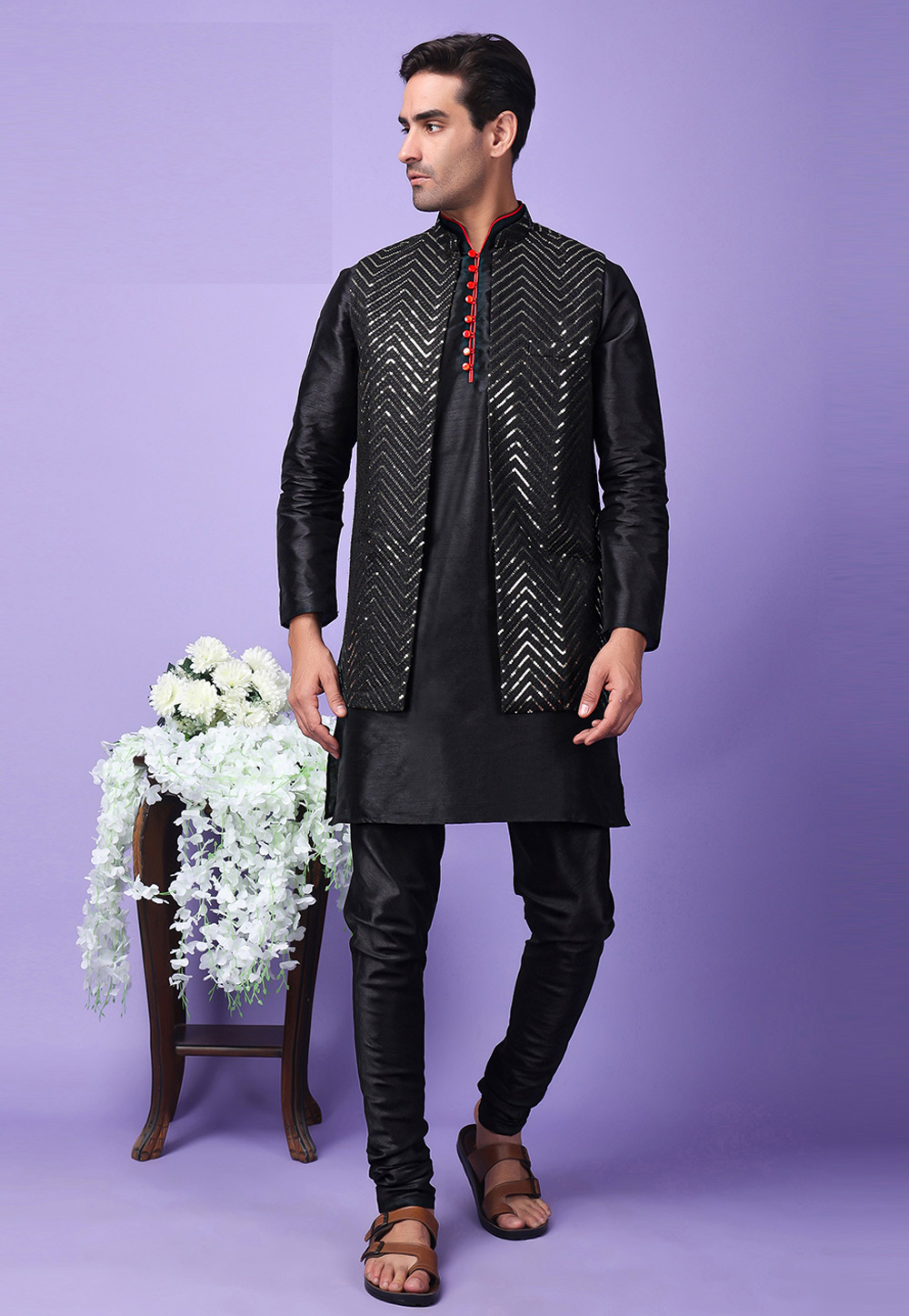Black Polyester Kurta Pajama With Jacket 286233