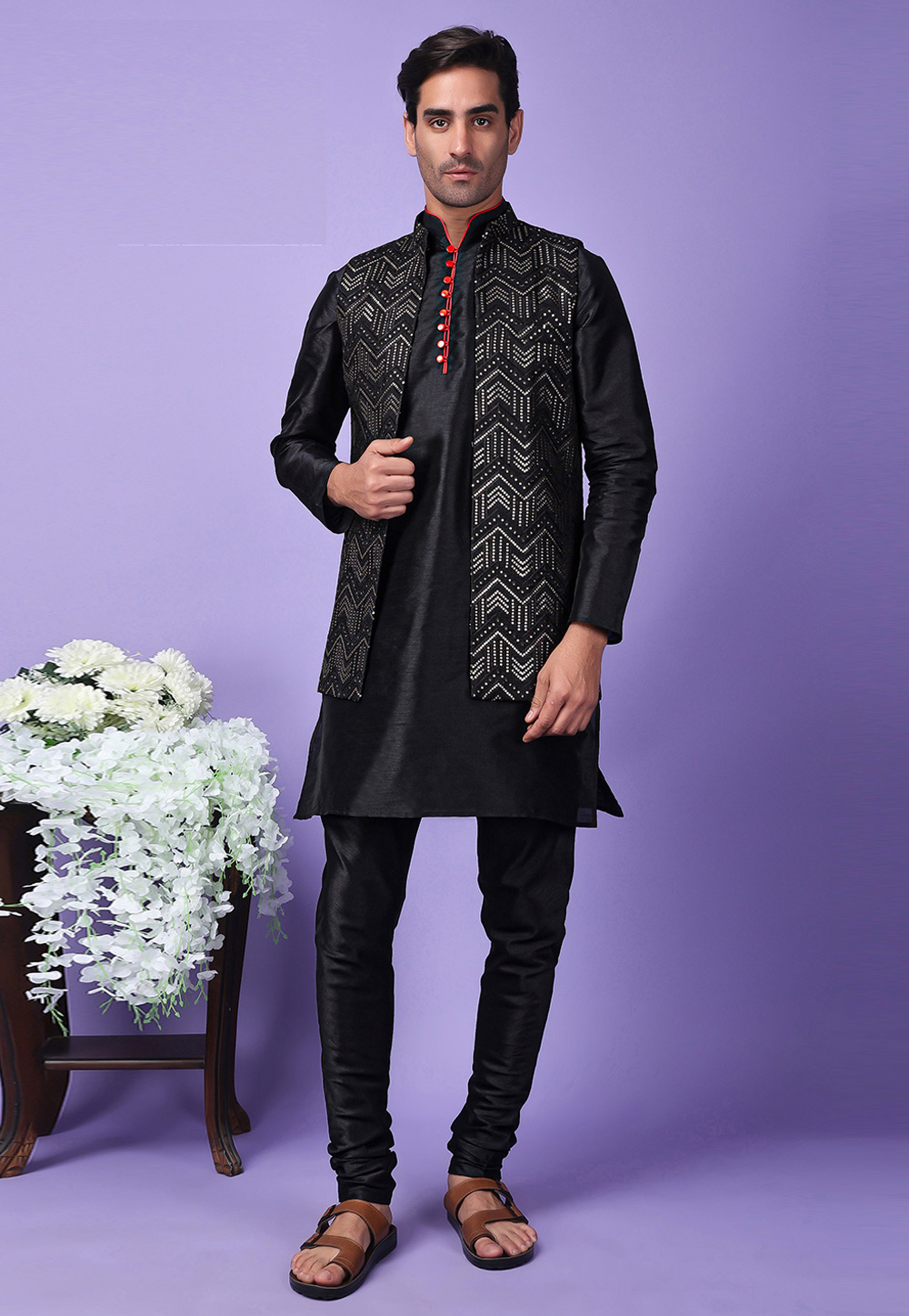 Black Polyester Kurta Pajama With Jacket 286234