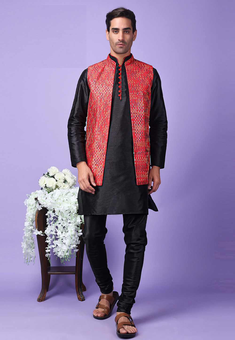 Black Polyester Kurta Pajama With Jacket 286235