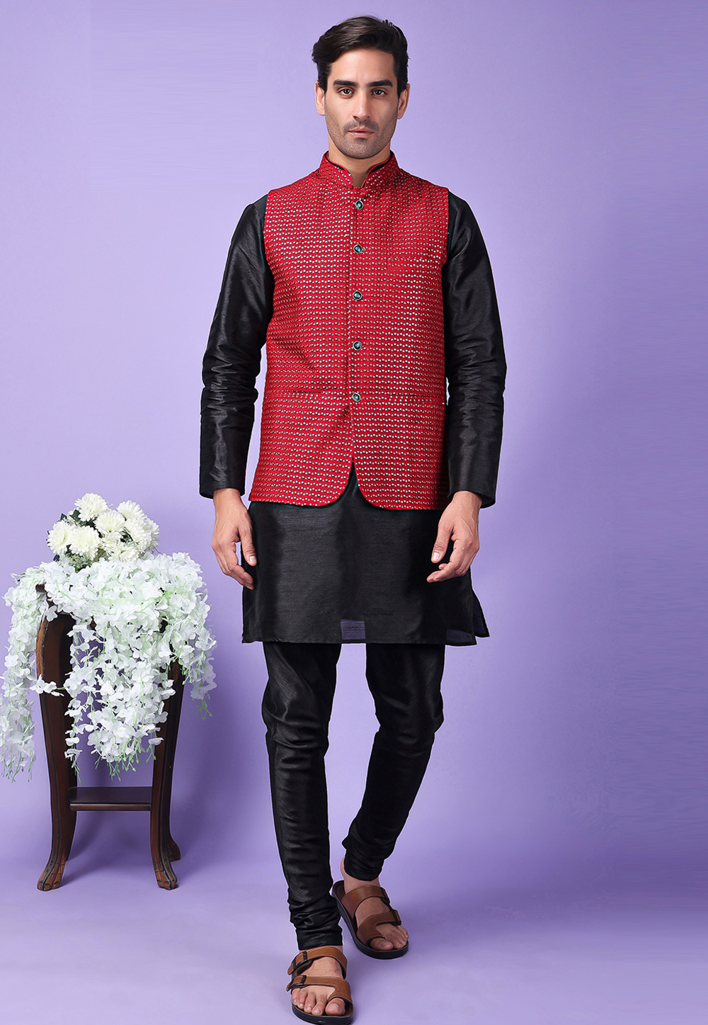 Black Polyester Kurta Pajama With Jacket 286236