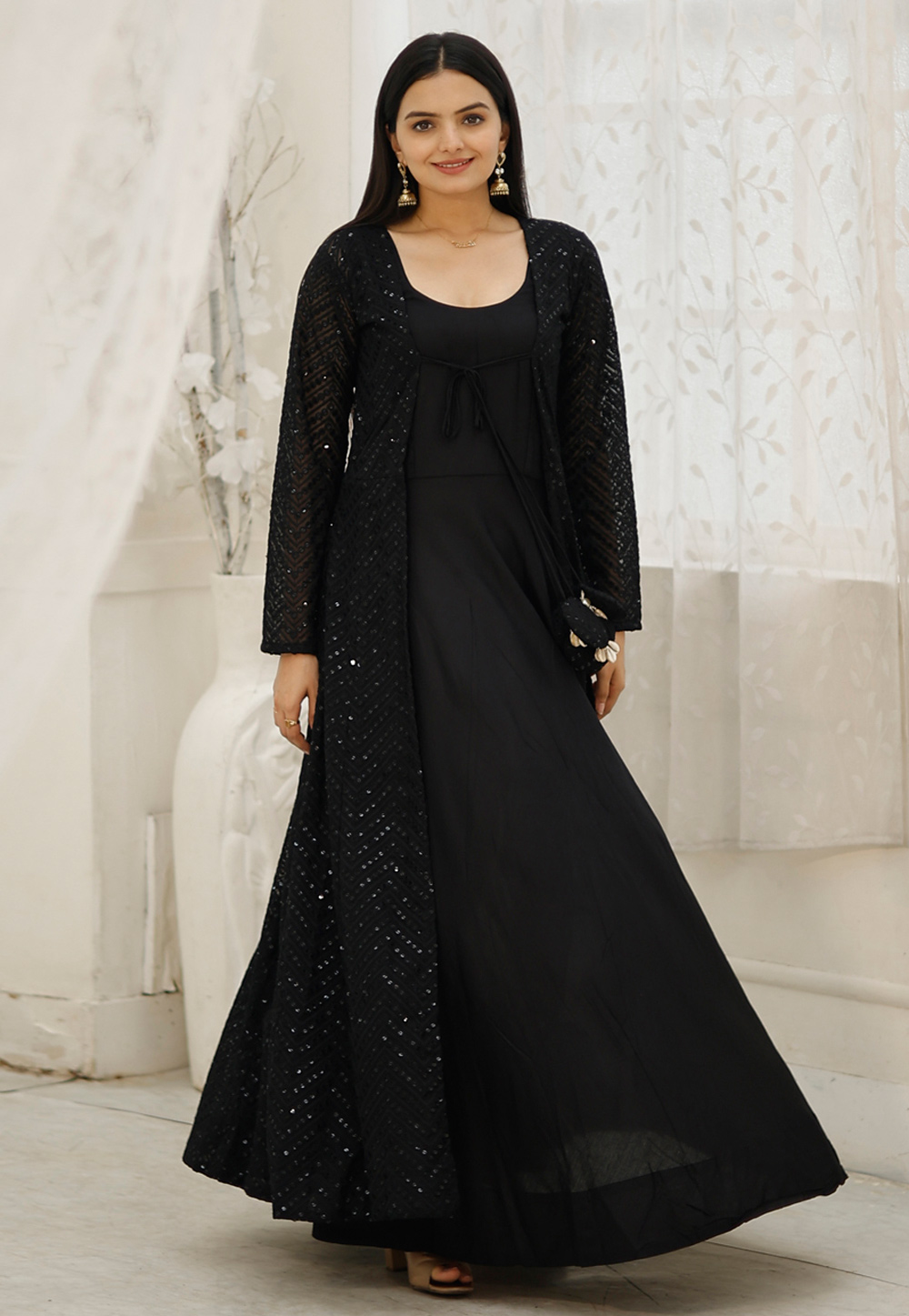 Black Rayon Gown With Jacket 280881